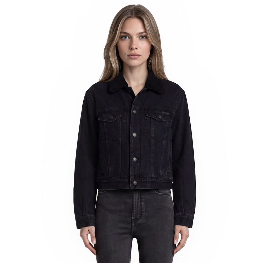Calvin Klein Sherpa Collar Denim Jacket Women's Size Large Black Cropped Trucker